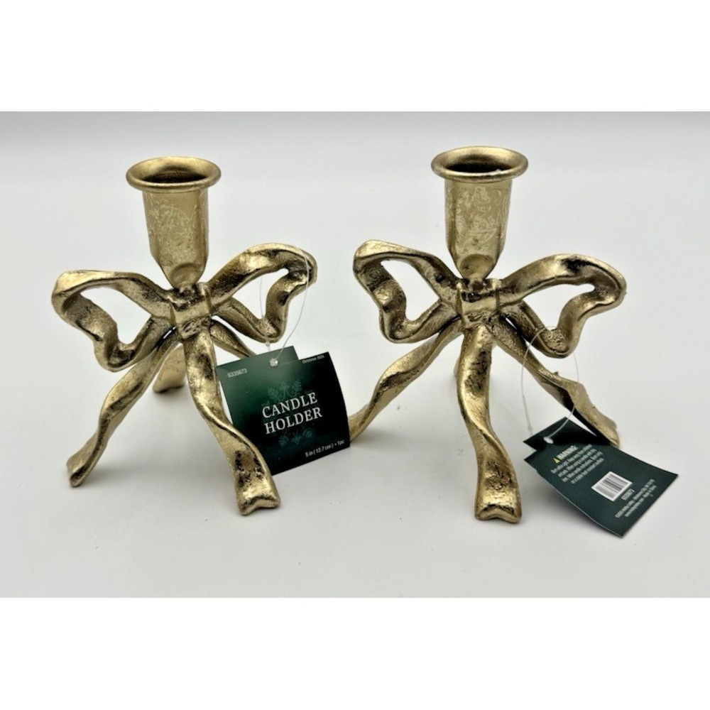 Hobby Lobby Gold Bow Taper Candle Holders Set of 2 Metal Christmas Decor NEW - Picture 6 of 7
